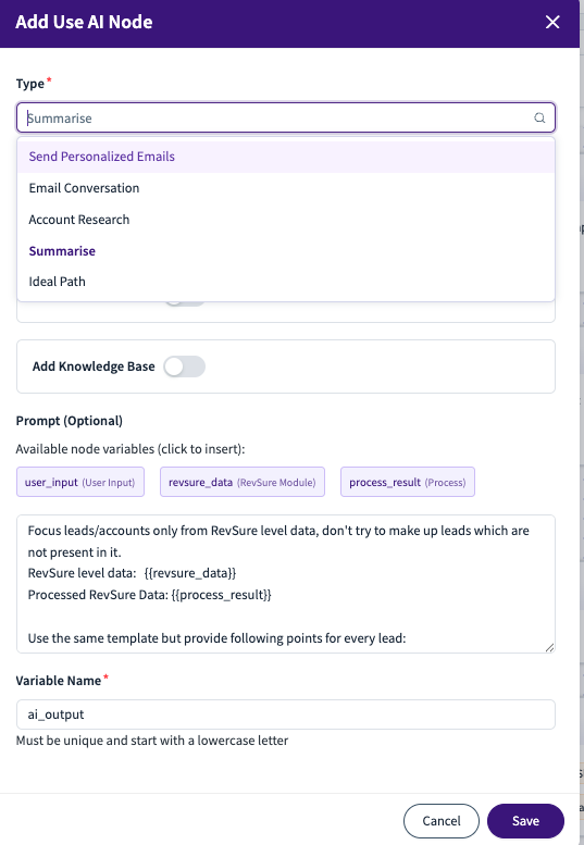 Interface for adding an AI node with options for summarizing and processing data.